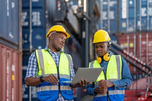 african workers engineer technician holding laptop for checking and inspecting on site containers premium photo
